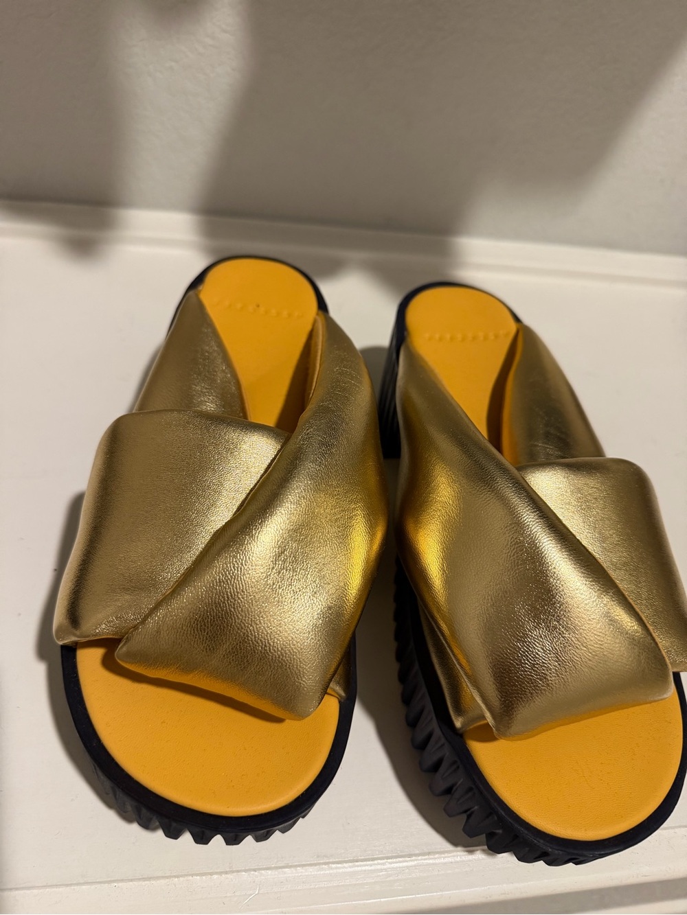 4CCCCEES Gold Slide Sandals for Women - Metallic Cross-Band Slides